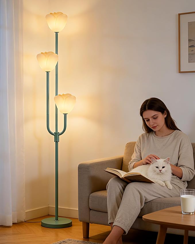 Lightdot 66IN Flower Floor Lamp 3-Lights Vintage Floor Lamps with 3000K Bulbs Included for Wedding Party Modern Dimmable Green Standing Tall Lamp for Living Room/Bedroom/Sofa Beside/Corner Decor