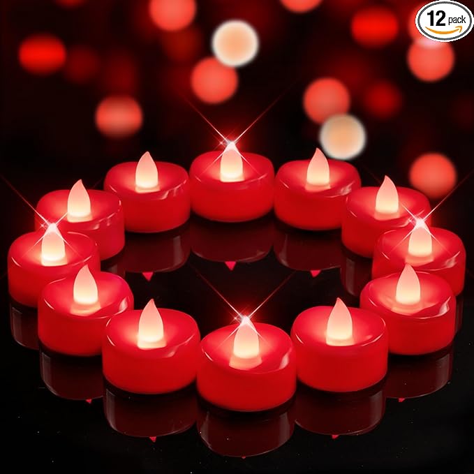 Flameless Candles, 12 Pack Tea Lights Candle Battery Operated, Flameless Tealight Votives, Realistic Tea Lights for Halloween Christmas Party Decor -D 1.5” x H 1.25”-Red Light