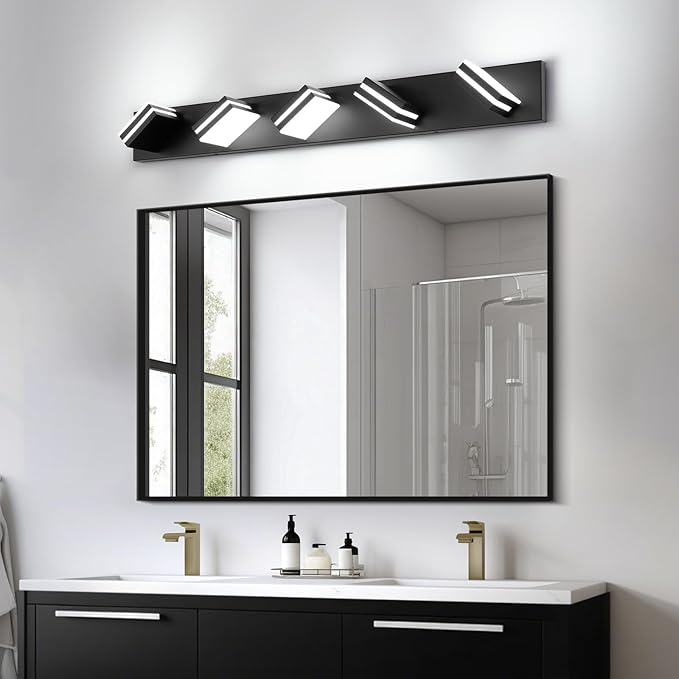 OKELI 5-Light Bathroom Vanity Light Black Modern LED Vanity Light Over Mirror Dimmable Mirror Front Lamp with 350° Adjustable Lamp Head ETL Listed 36W 6000K Cold White