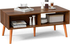 Coffee Table with Storage, Boho Dining Table with Rattan Drawer and Solid Wood Legs, Small Coffee Tables for Living Room, Walnut
