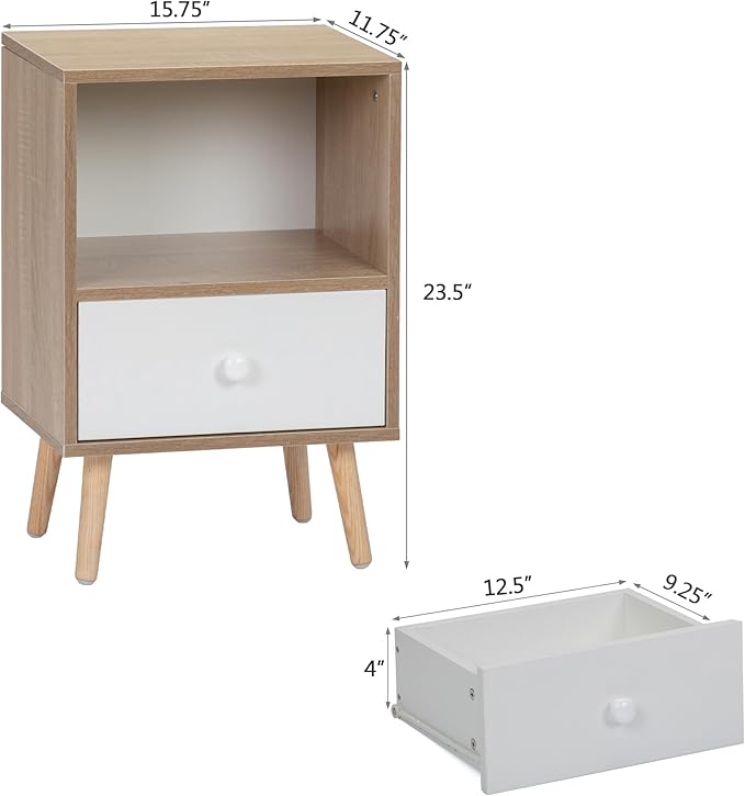 JAXPETY Nightstands Set of 2, Night Stand with Drawer and Open Storage Shelf, Bedside Tables with Solid Wood Legs, End Table, Side Table, for Bedroom (Natural)
