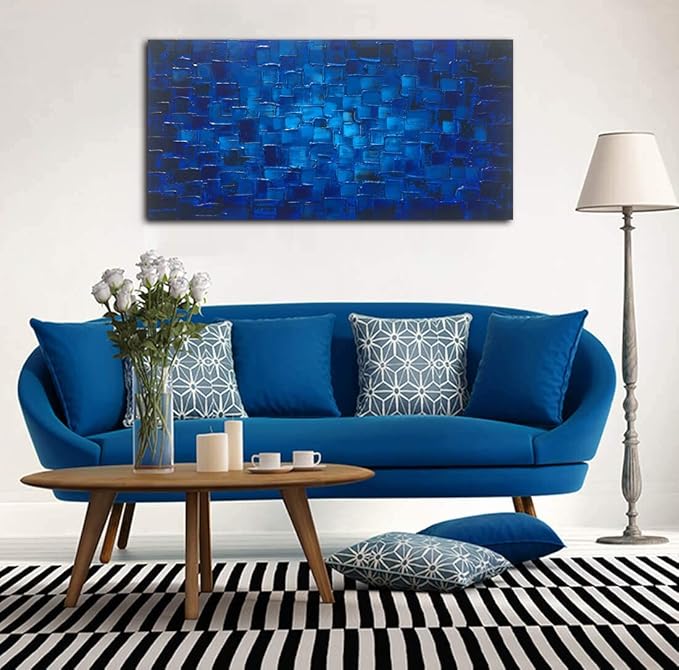 MyArton Large Abstract Dark Blue Square Canvas Wall Art Hand Painted Textured Oil Painting on Canvas Ready To Hang Artwork 56x28inch
