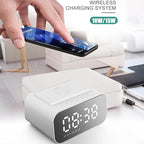 IHAO 7in1 Multifunctional Digital Alarm Clock with 15W Fast Wireless Charger Bluetooth Speaker LED Display Clock FM Radio TF Card, AUX Input, USB Port Dual Alarm for Bedroom and Office-BT510 White