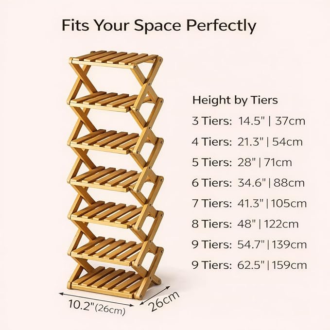 Upgraded The 9-Tier No-Assembly Bamboo Shoe Rack (3–9 Tier), Folding Bamboo Shoe Storage Rack with Zero Assembly Required and Space-Saving Design for Entryway Closet Apartment (Brown, 3 Tier)