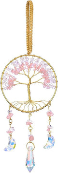 CrystalTears Crystal Tree Life Hanging Ornament Handmade Rose Quartz Clear Quartz Healing Crystal Gemstone Glass Suncatcher for Home Window Wall Decoration Crystal Gifts for Women Men Friends