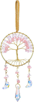 CrystalTears Crystal Tree Life Hanging Ornament Handmade Rose Quartz Clear Quartz Healing Crystal Gemstone Glass Suncatcher for Home Window Wall Decoration Crystal Gifts for Women Men Friends