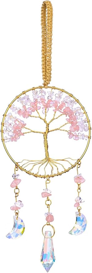 CrystalTears Crystal Tree Life Hanging Ornament Handmade Rose Quartz Clear Quartz Healing Crystal Gemstone Glass Suncatcher for Home Window Wall Decoration Crystal Gifts for Women Men Friends