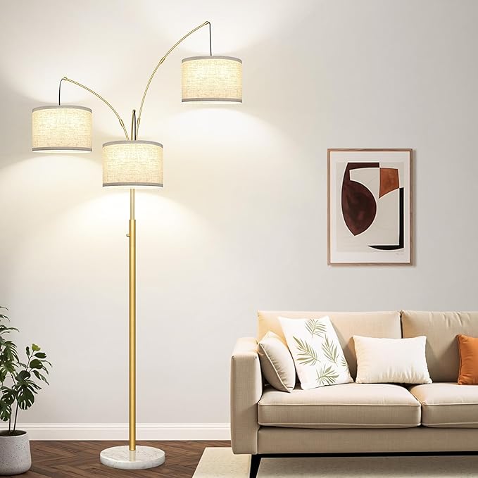 Nintiue Dimmable Floor Lamp - 3 Lights Gold Floor Lamps for Living Room Linen White Shades & Marble Base, Mid Century Tree Floor Lamp for Bedroom Office, 3 LED Bulbs Included