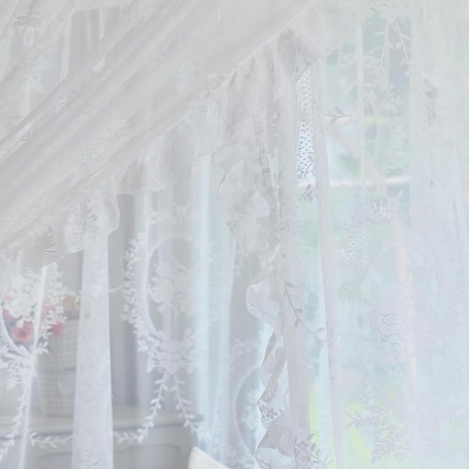 AIKASY Elegant Lace Princess 4-Poster Bed Canopy Mosquito Net - Romantic Wedding Bridal Bedroom Decor, Kids Room Bed Curtain for Women Adults - (White-2,Full)