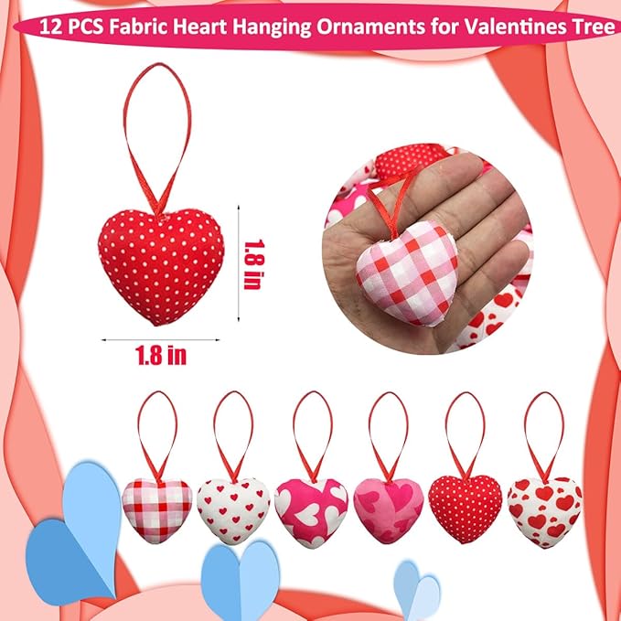 Valentines Hearts Ornaments,12PCS Fabric Heart Hanging Ornaments,Red Pink Hearts Shape Baubles Bulk for Valentines Tree Wedding Anniversary Party DIY Crafts Decorations 1.8 inch