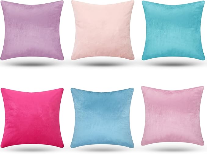 Pack of 6 Decorative Velvet Throw Pillow Covers Solid Square Soft Pillowcase Set Cushion Cases for Sofa Couch Bed Car Christmas Fall Home Decor 18 x 18 inch(Candy Color)