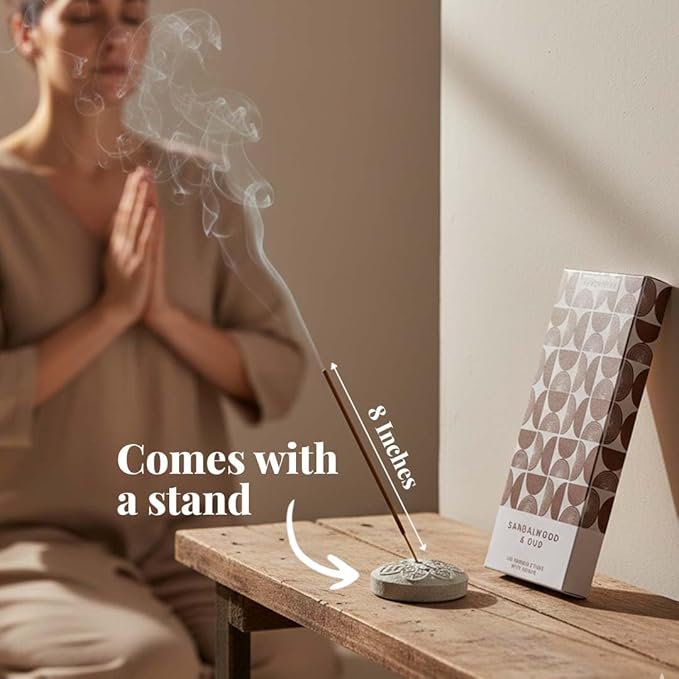 Folkulture Incense Sticks | Set of 120 Insence-Sticks with Holder for Relaxation | Sandalwood & Oud Incense| Organic, Slow Burning & Non Toxic Inscents | Luxe Santal Fragrances for Meditation