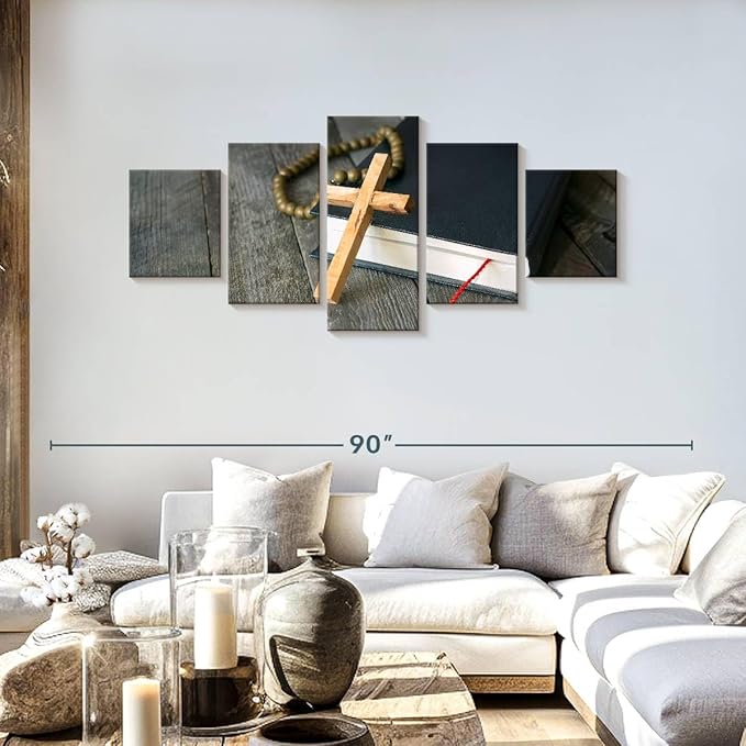 Elephant Stock Cross Canvas - 5 Panel Christian Pictures Decor - Canvas Print Wall Decor - Christian Cross Wall Art - 68" X 30"