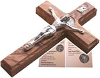 Holy Land Market Saint Benedict Holy Land Olive Wood Cross Wall Crucifix - Handmade Silver Tone Corpus, 14 Inches