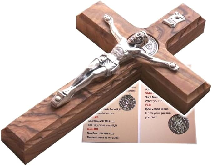 Holy Land Market Saint Benedict Wall Crucifix - Handmade Silver Tone Corpus, 6 Inch Wall Cross, St. Benedict Decor