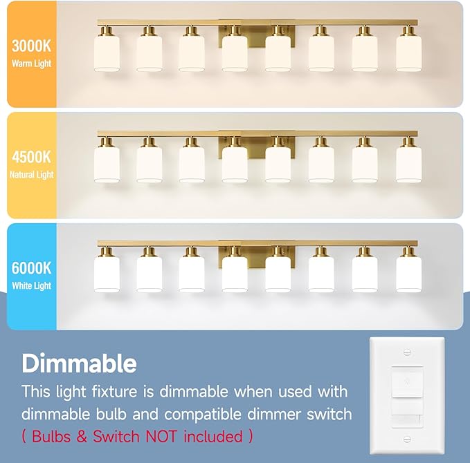 Bathroom Vanity Light,8-Light Brushed Gold Bathroom Light Fixtures with Square Frosted Glass, 51in Gold Wall Lamp Sconces for Mirror Bedroom,Living Room Hallway,E26