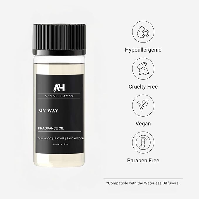 My Way Essential Oil Scent 50ml - Antal Hayat Diffuser Oil - Home Luxury Scents - Lemon, Comforting Sandalwood, Warm Cedarwood & Pretty Iris - Diffuser Oil Blends for Aromatherapy
