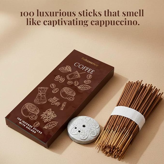 Folkulture Coffee Incense Sticks with Holder (100 Sticks)| Premium Coffee Incents Stick for Focus, Energy, Relaxation Gifts for Women | No Charcoal,Organic,Non Toxic, 45 Mins, Long Burning Insence