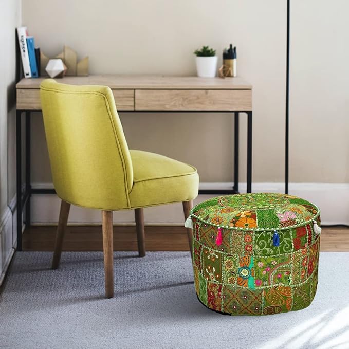 Aakriti Gallery Indian Pouf Footstool Ethnic Embroidered Pouf Cover - Cotton Round Pouffe Ottoman - Green, 22x14