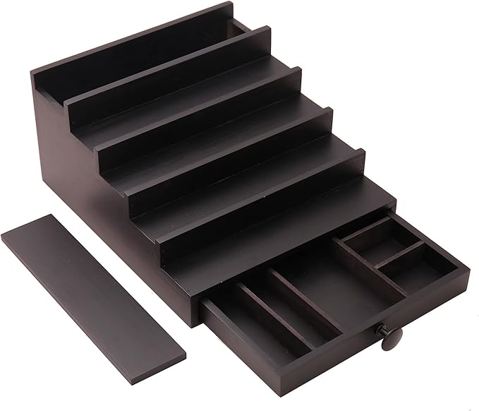 5 Tier Cologne Organizer for Men - Wooden Black Cologne Perfume Display Stand with Drawer and Hidden Compartment, Mens Cologne Holder Shelf for Organizing and Storing