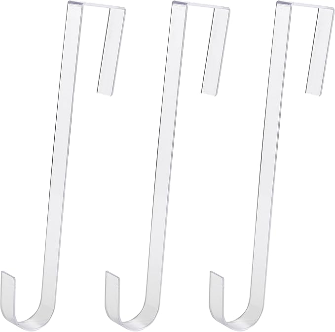 Non Scratch 100% Clear 12in Wreath Hanger 3Pk. Slim Christmas Wreaths Holders for Hanging Fall Halloween Decorations Over Front or Garage Door. Best Long Hooks for Indoor or Outdoor Home Decor.