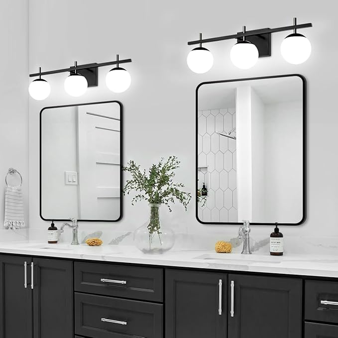 Black Bathroom Light Fixtures Over Mirror, Mid Century Modern Bathroom Vanity Light, 3 Light Globe Bathroom Lighting Fixtures with Milky Glass, Wall Light for Bathroom