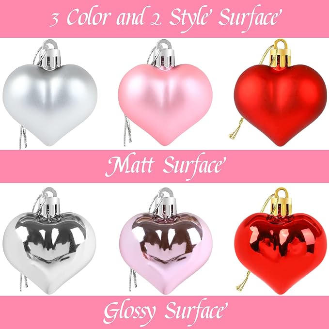 CCINEE 36pcs Valentine's Day Heart Shaped Ornaments, Red Pink Silver Plastic Heart Shaped Baubles Romantic Valentine's Day Hanging Decorations for Home Valentine Tree Wedding Anniversary Party