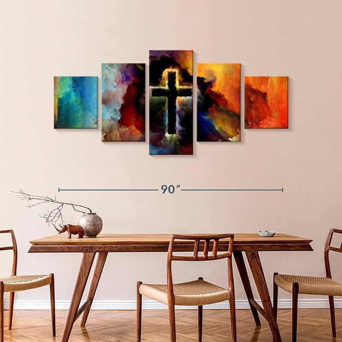 Elephant Stock Colorful Cross Wall Art Multi Piece Canvas - 5 Panel Christian Pictures Decor - Digital Design Canvas Print - Christian Wall Decor - 92" X 42"