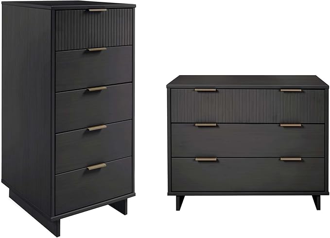 Manhattan Comfort Granville 2-Piece Modern Solid Wood Tall Narrow and Standard Dresser Set - Gold Finish Handles - Sleek Design for up to 35" TV - Elegant and Durable Bedroom Furniture, Dark Grey
