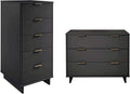 Manhattan Comfort Granville 2-Piece Modern Solid Wood Tall Narrow and Standard Dresser Set - Gold Finish Handles - Sleek Design for up to 35" TV - Elegant and Durable Bedroom Furniture, Dark Grey