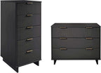 Manhattan Comfort Granville 2-Piece Modern Solid Wood Tall Narrow and Standard Dresser Set - Gold Finish Handles - Sleek Design for up to 35" TV - Elegant and Durable Bedroom Furniture, Dark Grey