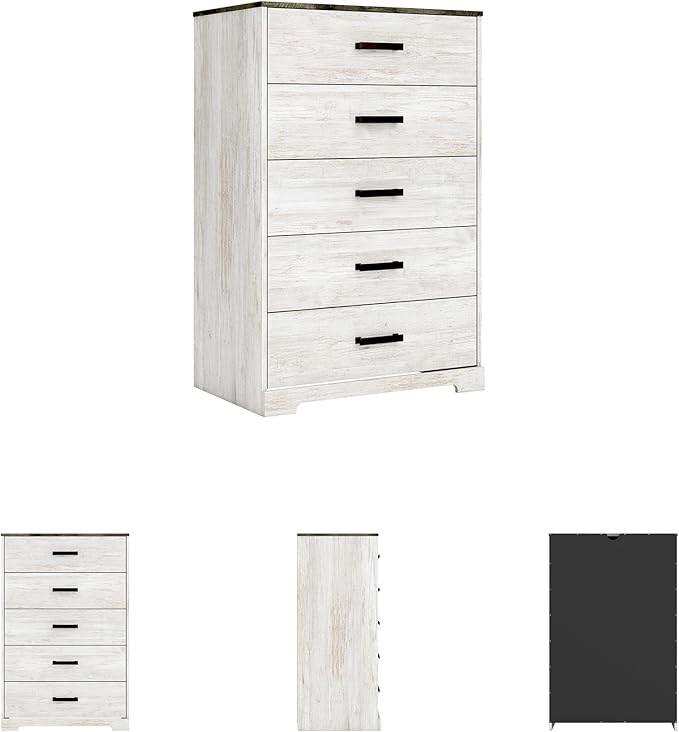 Signature Design by Ashley Shawburn Rustic 5 Drawer Chest of Smooth-Gliding Drawers and Safety Stop, White & Gray