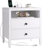 Huuger Nightstand with Charging Station, White Nightstand with 2 Drawers, Bed Side Table for Bedroom, Bedside Table with Storage, Modern Nightstands, Metal Knobs, Painted Surface