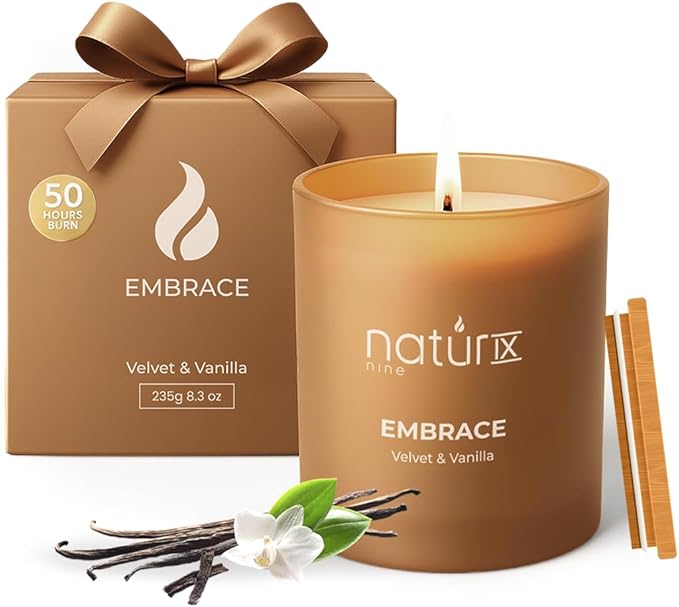 Natur IX Embrace Scented Candles for Home | Velvet & Vanilla | Natural Non Toxic Soy Candles with Essential Oils | 50 H Long Burning