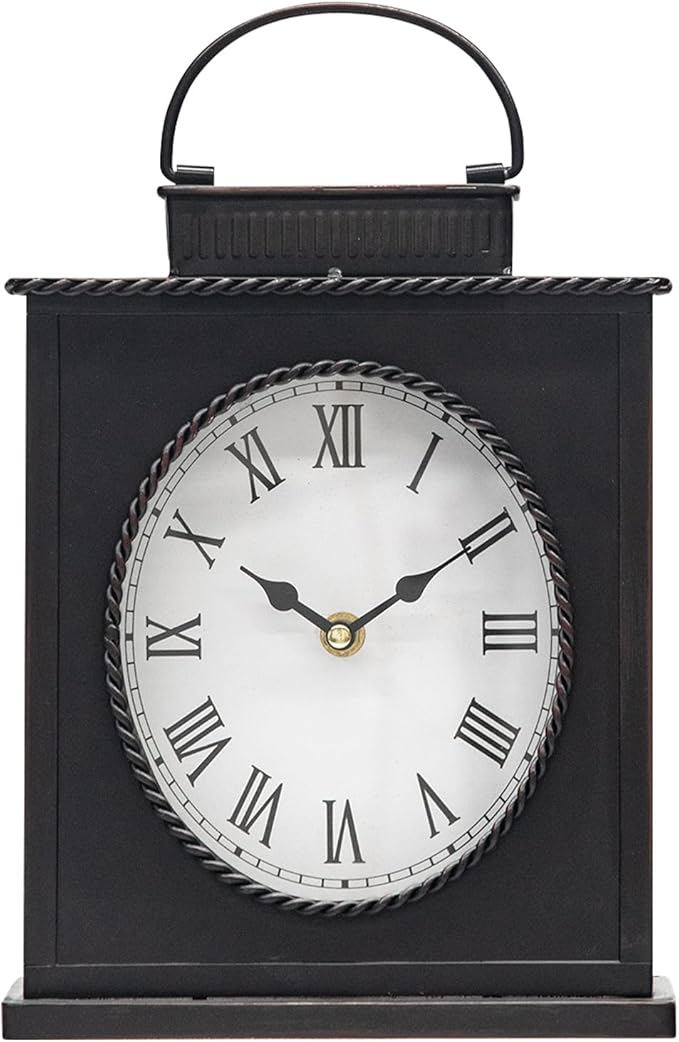 MODE HOME Vintage Mantel Clock, Large Rustic Distressed Metal Table Clock with Handle, Silent Non-Ticking Quartz Movement, Antique Brown Fireplace Shelf Desk Clock for Living Room Bedroom Office