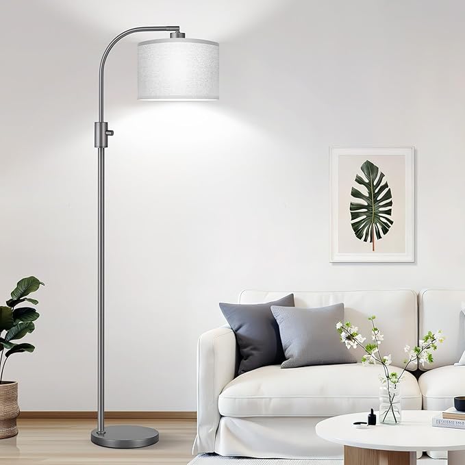【Upgraded】 Dimmable Gray Floor Lamp, 1203 Lumens LED Bulb Included, Arc Floor Lamps for Living Room Modern Standing Lamp with Gray Linen Shade, Tall Lamp for Living Room Bedroom Office Reading Room