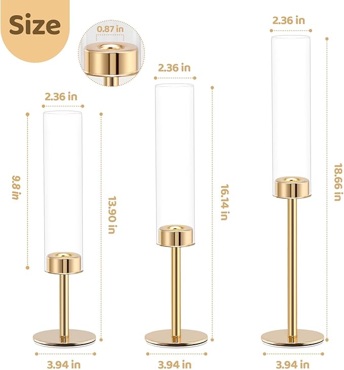 Gold Hurricane Candle Holders Set of 6, Tall Metal Windproof Glass Taper Candle Holder for Candlestick, Candle Sticks Decor, Table Centerpieces for Wedding, Candlelit Dinner Party Fireplace Decoration