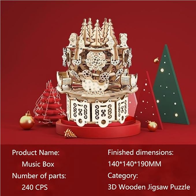 Adult 3D Wooden Christmas Music Box Assembly Kit DIY Wind-Up Mechanical Model Carousel Set Desktop Toy Birthday Gift Decorative Item Suitable for Teens 14+
