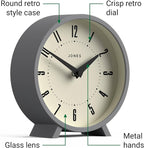 JONES CLOCKS® Venus Desk Clock | Modern Round Design | Gray | Stylish Retro Look for Shelf, Table, Mantel or Bedside