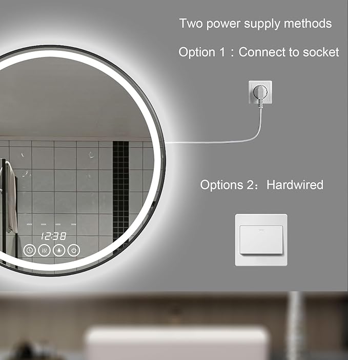 24 Inch Wall-Mounted Round Bathroom Mirror with LED-Lights - Frame Vanity Mirrors (24" x 24", Black)
