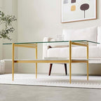Rectangle Coffee Table for Living Room, Mid-Century Modern Design, L41 x W21 x H17, 2-Tier Structure, Clear Glass Top and White Marble Finish Wood Shelf, Conical Legs with Gold Finish