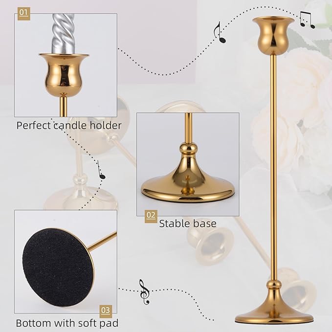Metal Candle Holder Taper Candlestick Holders for Candle Sticks Vintage Candelabra for Halloween Thanksgiving Christmas (Gold, 2 Sets (6 pcs))