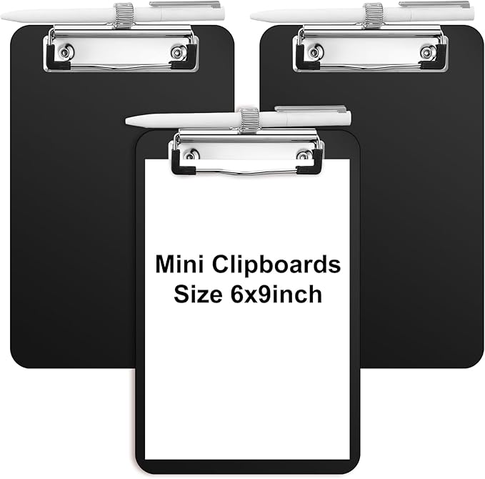 Sabary 3 Pack Bulk Mini Clipboards with Pen Holder Clip Black A5 Memo Clipboard 6x9 Plastic Check Presenters for Restaurants School Office Hotel Shopping List (Pen Not Included)