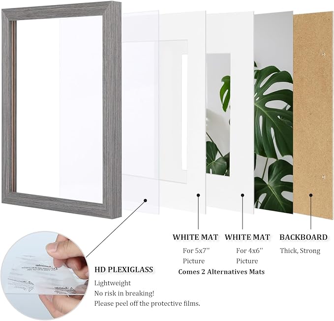 Egofine 8x10 Picture Frames Set of 4, Made of Solid Wood Covered by Plexiglass 4x6 and 5x7 with Mat or 8x10 without Mat, for Table Top Display and Wall Mounting Photo Frame Light Grey