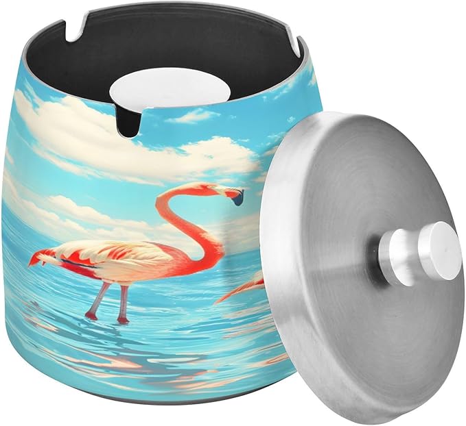 Flamingos Ocean Ashtray with Lid, Outdoor Ashtrays for Patio, Stainless Steel Ashtray Odorless Smokeless for Home Office Balcony