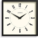 JONES CLOCKS® Box Wall Clock | Retro Square | 10 inch | Black | Easy to Read Numbers | Perfect Kitchen or Office Clock
