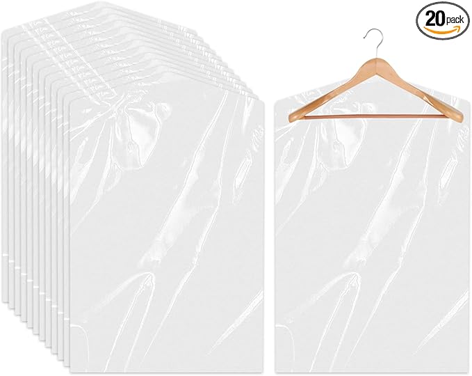20 Pack Garment Bags for Hanging Clothes Transparent Plastic Clothes Covers for Short or Children's Clothing Dust-proof Storage Bags for Dry Cleaner, Home Storage, Travel (55x80 cm)