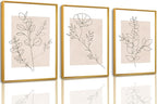 CHDITB Floral Line Framed Canvas Wall Art Set, Minimalist Flower Wall Decor, Neutral Beige Plants Wall Painting, Abstract Botanical Leaf Stripe Art Print for Living Room, Bedroom, Office - 16"x24"x3
