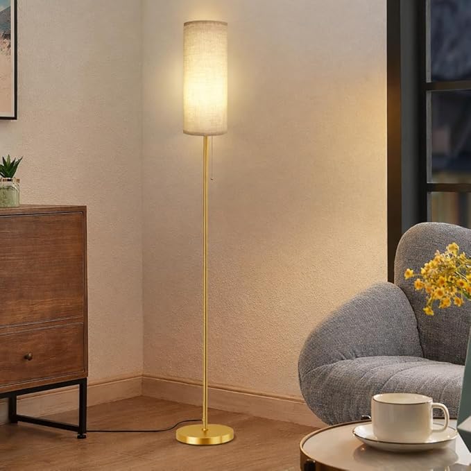 Modern Floor Lamp for Living Room, Gold Standing Lamps with 3 Color Temperatures Bulb, Minimalist Tall Lamp with Chain Switch for Bedroom, LED Bulb Included(Beige Shade+Gold)