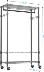 IZEUK Heavy Duty Rolling Garment Rack with 3 Adjustable Wire Shelves, Hanging Rod & Side Hooks - Mobile Clothes Rack with Wheels, 29.5" W x 15.7" D x 75" H, Black